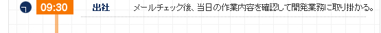 09:30 出社 メールチェック後、当日の作業内容を確認して開発業務に取り掛かる。